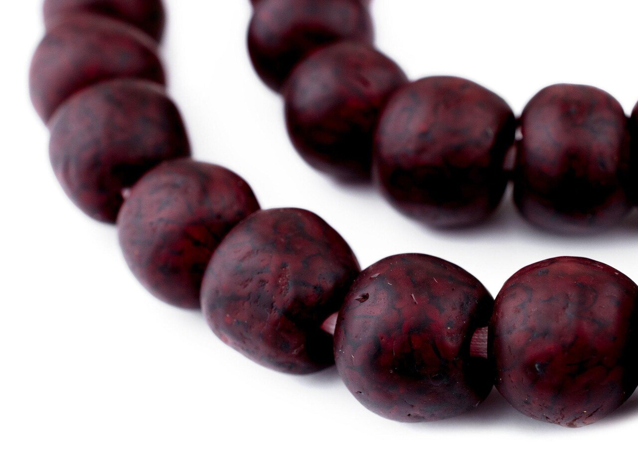 The Bead Chest African Recycled Glass Beads – Handmade in Ghana – Red Black Swirl 18mm Strand for Jewelry Making, Crafts, and Home Decor I Approximately 38 Beads